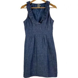 TAYLOR 100% Linen Denim Look Ruffle Neckline Dress ~ Size 8